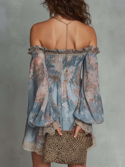 Elvira | Mini abito floreale off-shoulder con maniche ampie e bordi in pizzo