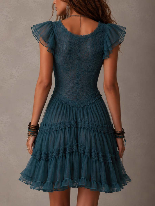 Abito corto retrò in pizzo blu e chiffon con volant
