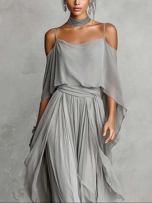 Isabella | Set composto da canotta fluida grigia con spalle scoperte e pantaloni in chiffon
