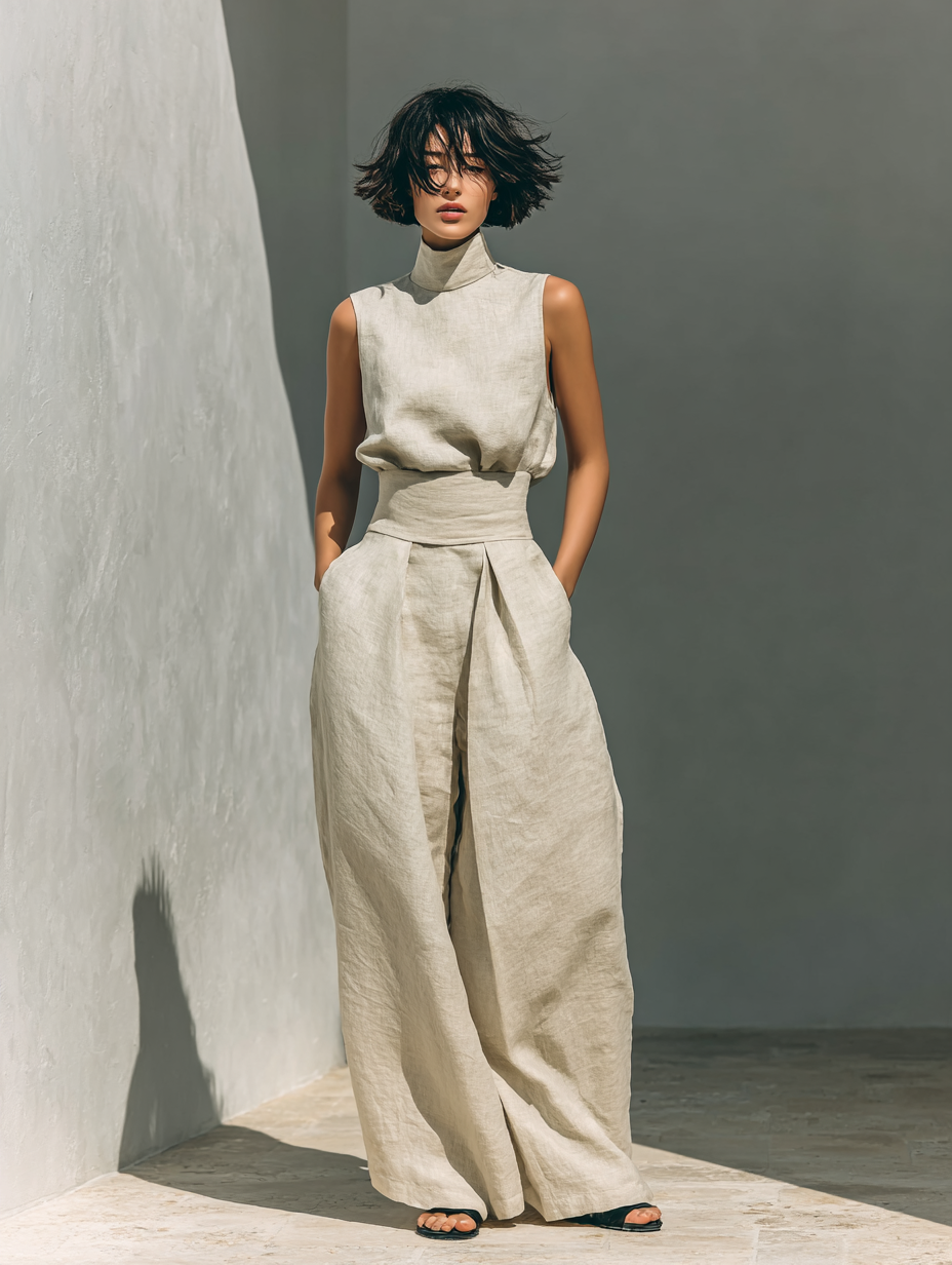 Maria - Completo di canotta e pantaloni larghi in cotone e lino minimalista per donna