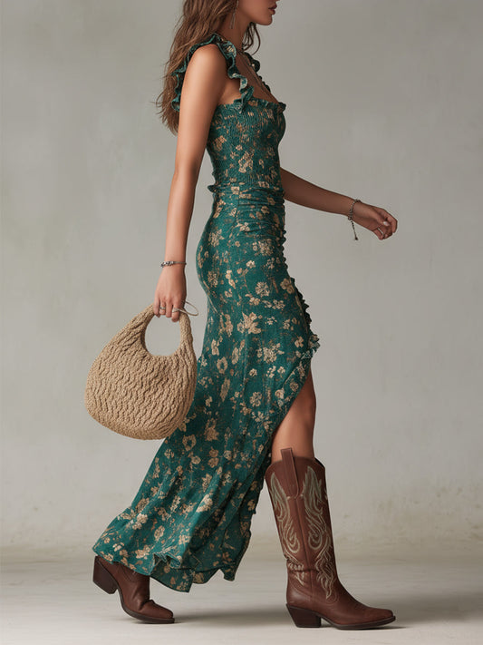 Zara | Vestito maxi boho retrò con maniche arricciate e spacco alto