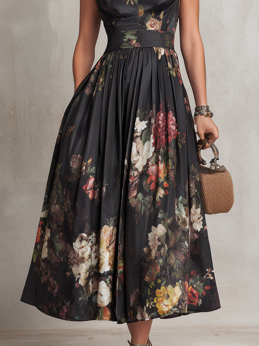 Violetta - Vestito midi nero in raso plissé con motivo floreale e colletto con foro a forma di chiave