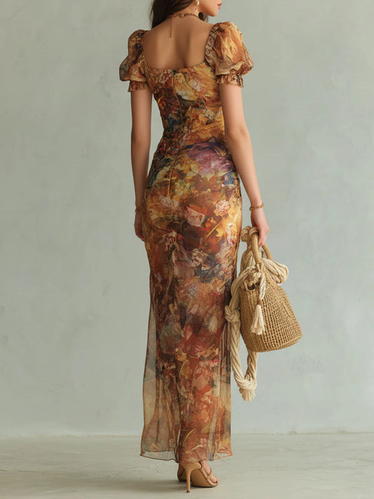 Viola | Abito lungo in chiffon arancione con stampa a olio in stile bohemien