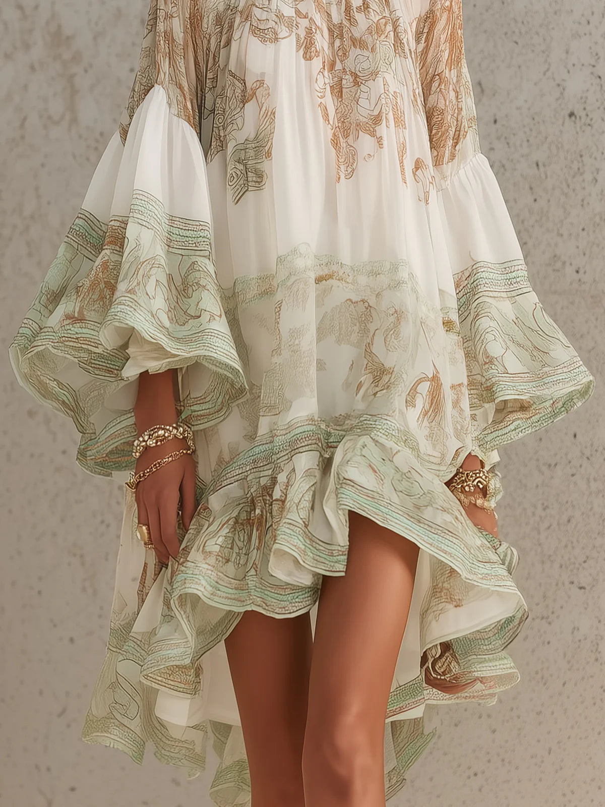 Vestito mini in chiffon con stampa verde, orlo a volant e maniche a balze