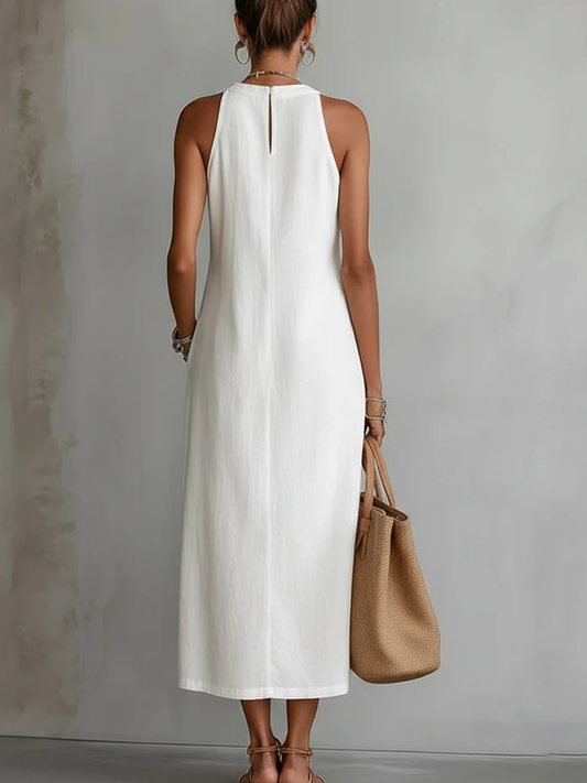 Bianca | Vestito midi in lino con collo mao