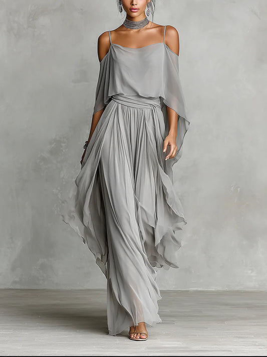 Isabella | Set composto da canotta fluida grigia con spalle scoperte e pantaloni in chiffon
