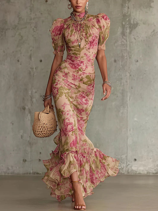 Fiora | Abito lungo con stampa vintage a rose e maniche a sbuffo