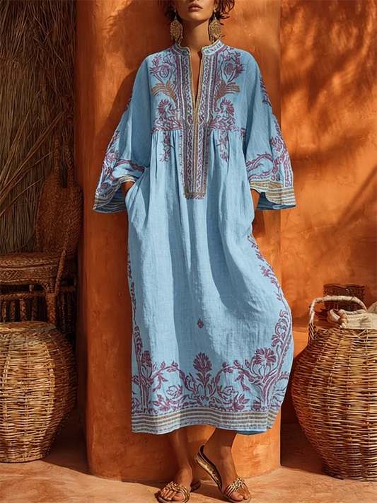 Celestina | Abito boho ricamato dal fascino mediterraneo blu