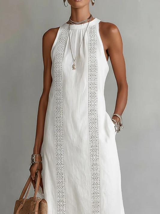 Bianca | Vestito midi in lino con collo mao