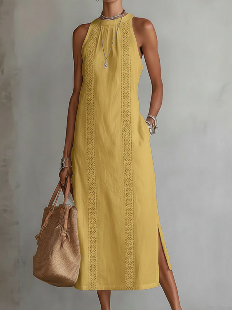 Bianca | Vestito midi in lino con collo mao